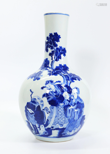 Chinese 19 C Blue White Porcelain Fu Lu Shou Vase