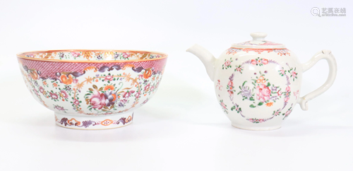 Chinese 18 C Famille Rose Porcelain Teapot & Bowl