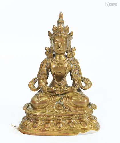 Tibetan Seated Bronze Buddha, Closed Lotus Throne