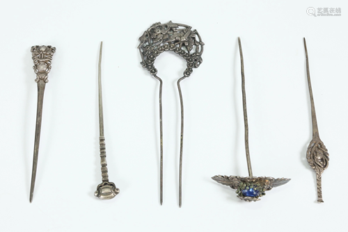 5 Chinese 19 C Silver Hair Pins; 40G