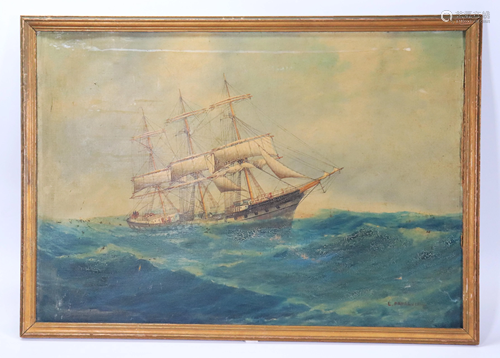 Luca Papaluca; Oil Canvas 3 Masted Ship in a Storm