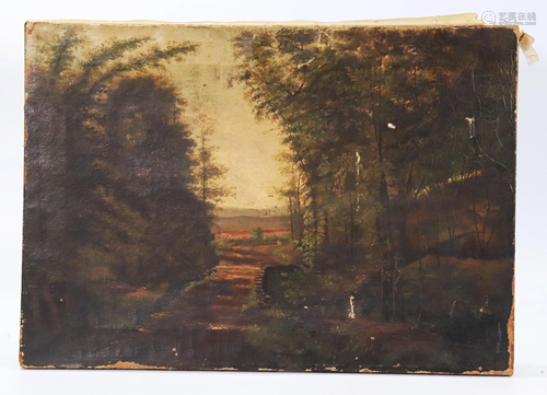 American 19 C Oil Painting Farm & Stream Landscape