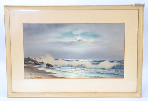 Allen Fontaine; Watercolor, Moonlight Ocean Waves