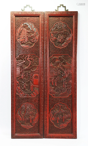 Fine Pair Chinese 19 C Cinnabar Lacquer Panels