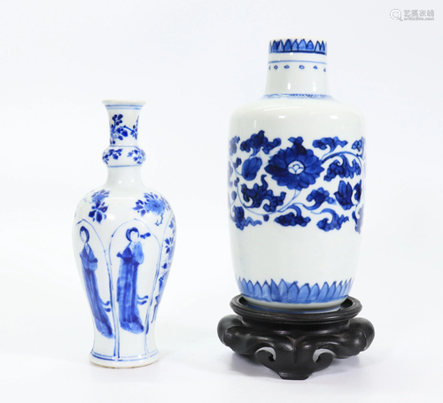 2 Chinese Kangxi Blue & White Porcelain Vases