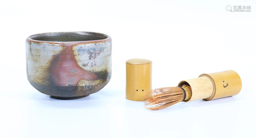 Japanese Tea Ceremony Bamboo Whisk; Bizen Bowl