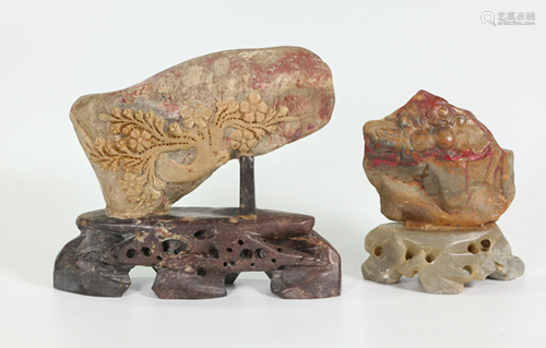 2 Chinese Soapstone Scholar's Rocks with Red