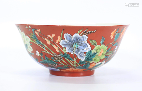 Chinese Fencai Coral Ground Porcelain Flower Bowl