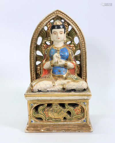 Japanese Satsuma Porcelain Seated Buddha & Stand