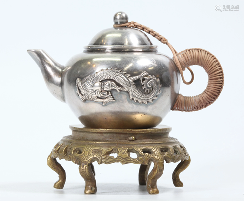 Chinese Silver Teapot on Bronze Flat Stand