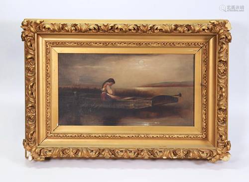 American 19 C Oil Canvas Girl & Flat Bottom Boat