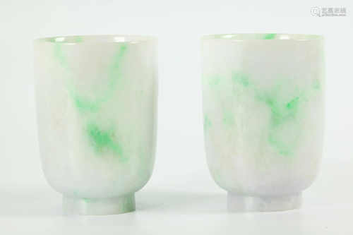 Pair of Chinese Apple Green Streak Jadeite Teacups