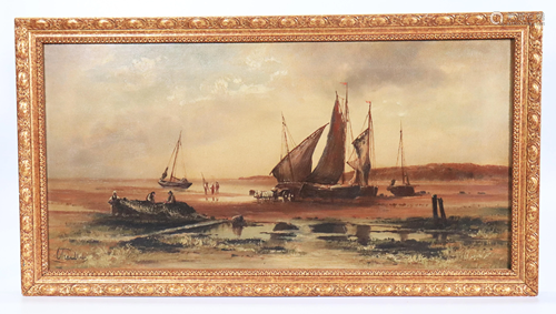 European Oil on Canvas; Fishing Boats at Low Tide