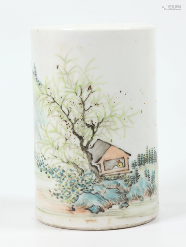 Chinese Artist Enamel Painted Porcelain Brush Pot