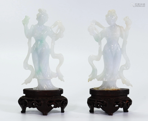 Opposing Pair Chinese White Jadeite Dancing Ladies