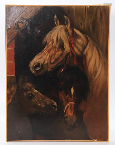 American 19 C Oil Painting, 3 Horse Heads