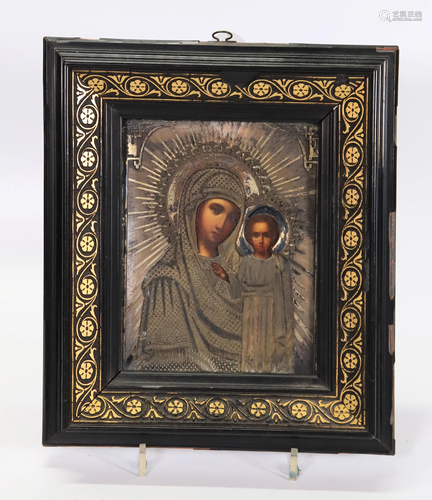 Russian Madonna & Child 1863 Icon with Silver