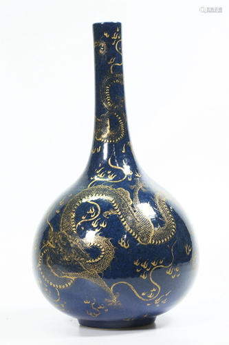 Chinese Blue Glaze & Gold Porcelain Bottle Vase