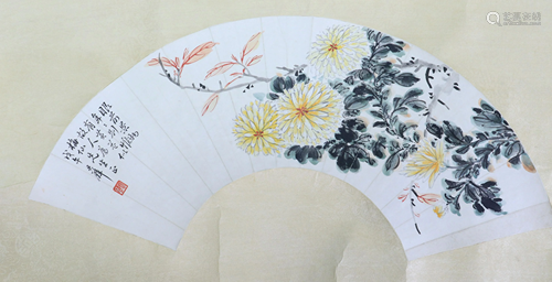 Chinese Mounted Fan Painting Flowers & Calligraphy