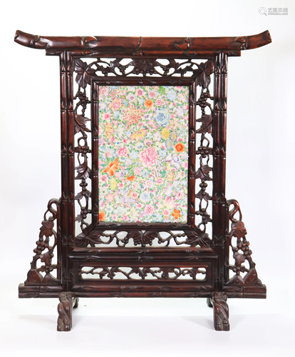 Qing Chinese Mille-Fleur Porcelain; Hardwood Frame