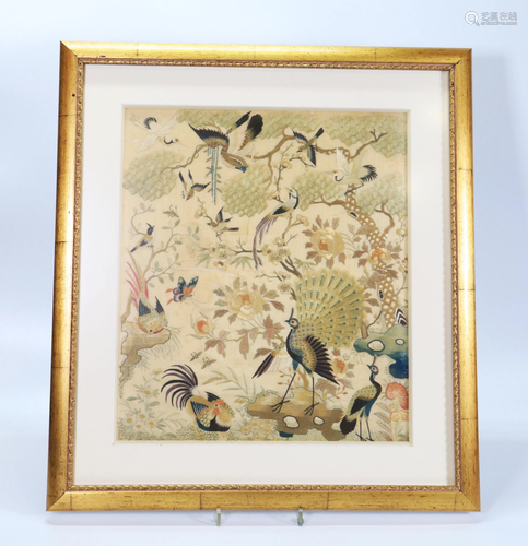 Chinese 19 C Silk Bird Embroidery; Framed