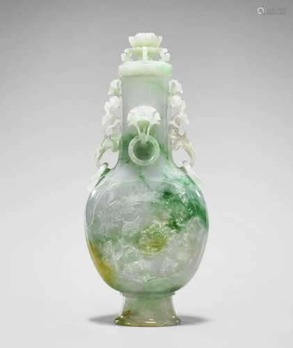 Chinese Natural Translucent Jadeite Vase & Cover