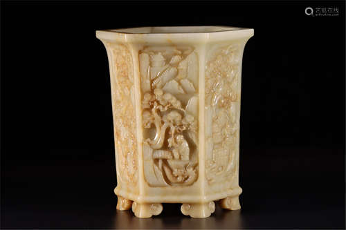 A Chinese Carved Jade Brush Pot