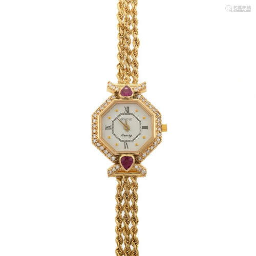 A Ladies' 14K Diamond & Ruby Geneve Wrist Watch