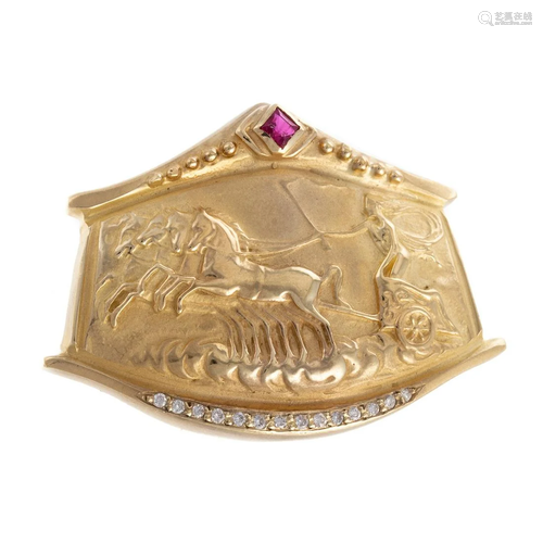 A Ruby & Diamond Athena's Chariot Brooch in 14K