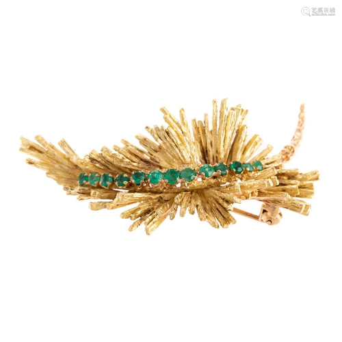 A Vintage 18K Abstract Leaf Brooch with Emeralds