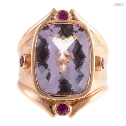 A Large Kunzite & Ruby Ring in 14K Rose Gold