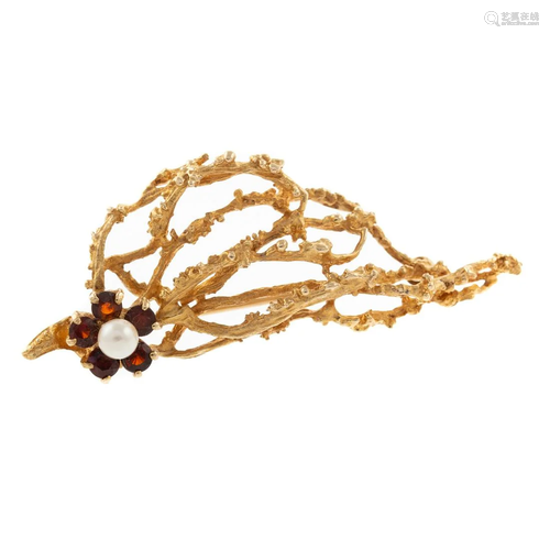 A Pearl & Garnet Tree Branch Brooch in 14K