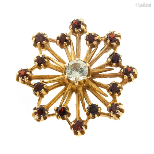 A Prasiolite & Garnet Snowflake Pin in 14K