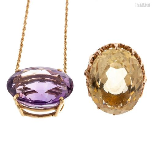 A Large Citrine Ring & Amethyst Pendant in 14K