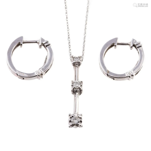 A Diamond Pendant & Diamond Huggies in White Gold