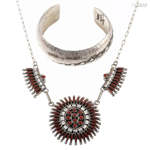 A Sterling Coral Zuni Necklace & Simon Garcia Cuff