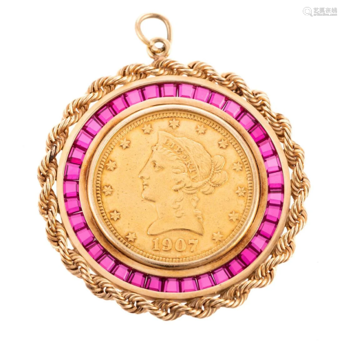 A 1907 $10 Gold Coin in Ruby Bezel