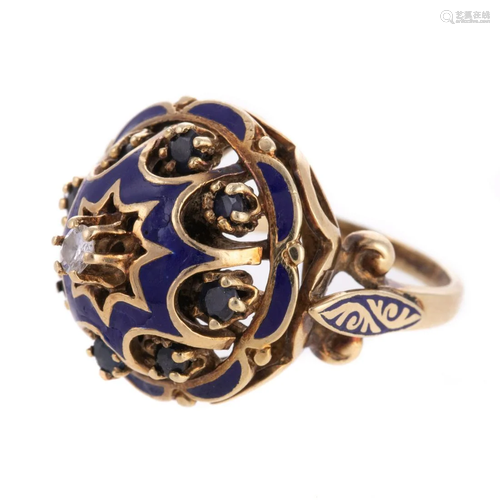 A Diamond, Sapphire & Enamel Bombe Ring in 14K