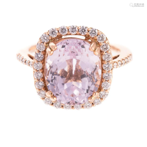 A 14K Rose Gold Kunzite & Diamond Ring