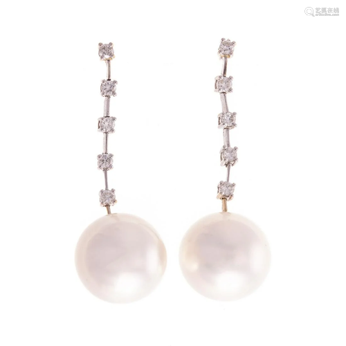 A Pair of 18K South Sea Pearl & Diamond Earrings