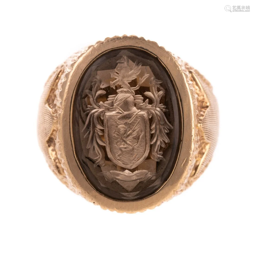 A 14K Smokey Topaz Intaglio Crest Ring