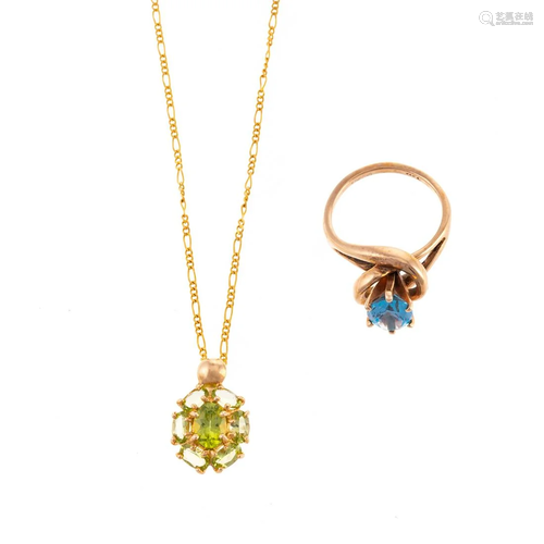 A Blue Topaz Ring & Peridot Cluster Pendant in 14K