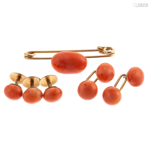 A 14K Antique Coral Stud & Cufflinks Set & 14K Pin