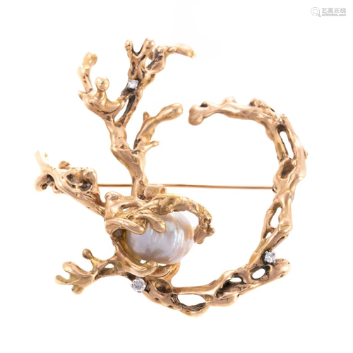 A Large Freeform 14K Pin with Pearl & Diamonds