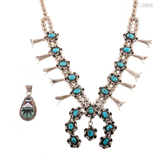 A Navajo Squash Blossom Necklace & Zuni Pendant