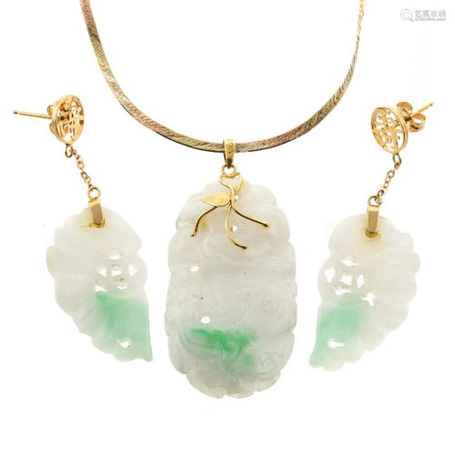 A Pair of Jade Earrings & Jade Pendant in 14K