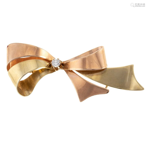 A Vintage Bi-Color Gold Diamond Bow Brooch