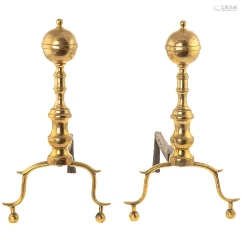 Pair of Federal Brass Cannonball Andirons