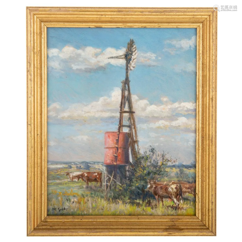 Nathaniel K. Gibbs. Weather Vane and Cows, oil