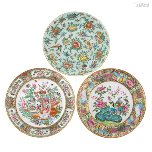 Three Chinese Export Famille Rose Plates